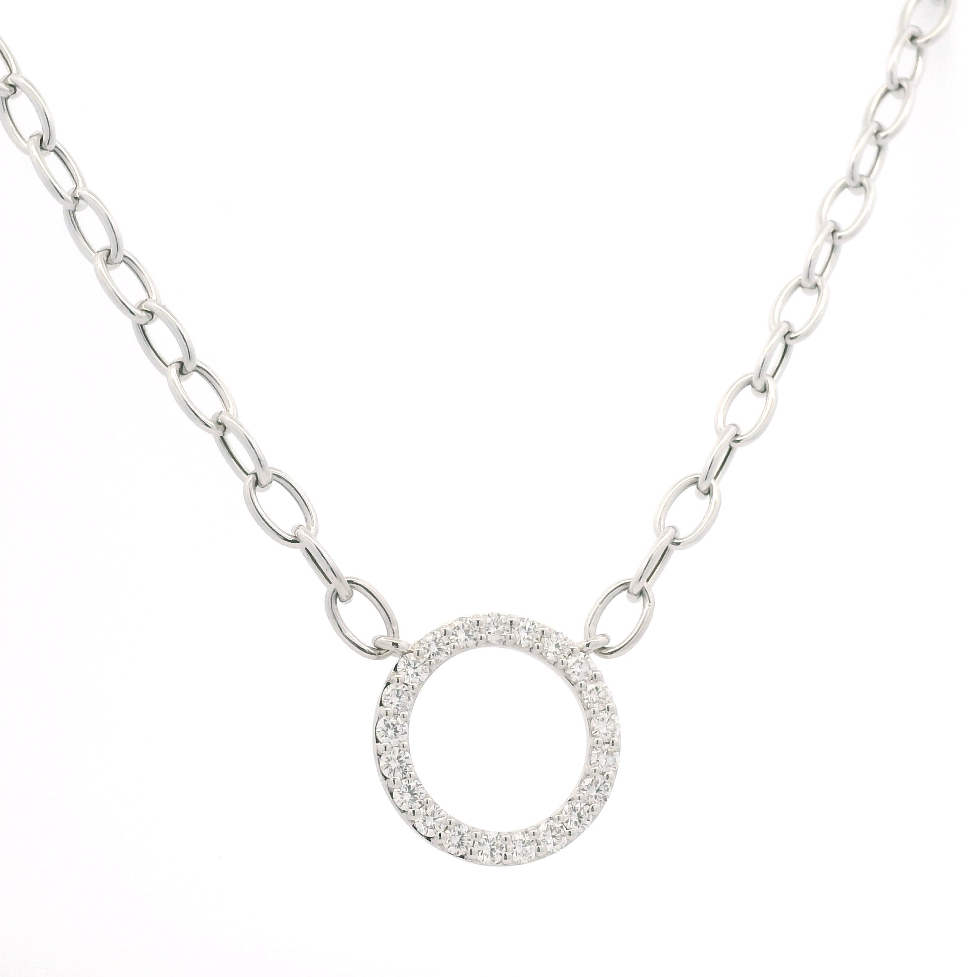 14K White Gold Natural Round Brilliant Cut Diamond Circle Pendant Paperclip Necklace