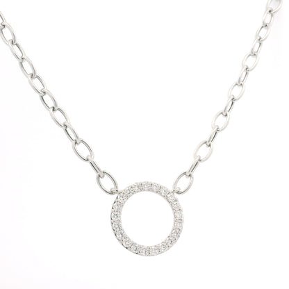 14K White Gold Natural Round Brilliant Cut Diamond Circle Pendant Paperclip Necklace