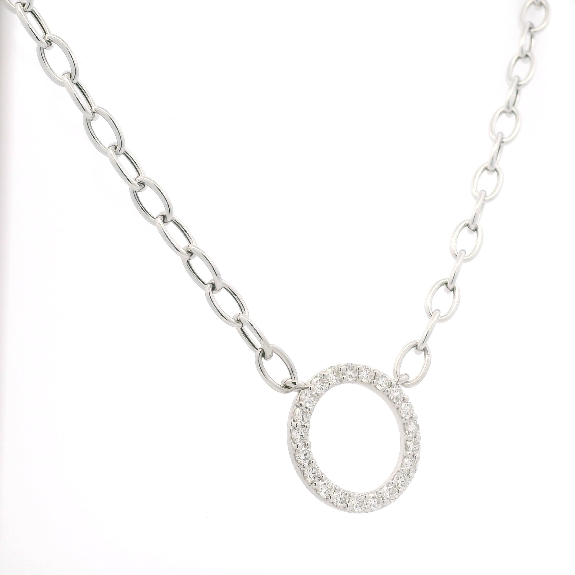 14K White Gold Natural Round Brilliant Cut Diamond Circle Pendant Paperclip Necklace
