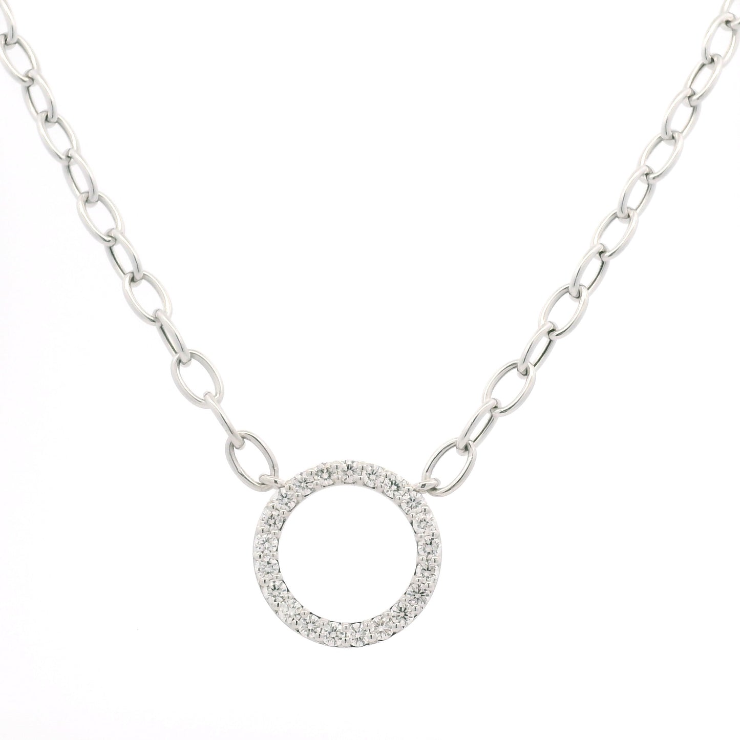 14K White Gold Natural Round Brilliant Cut Diamond Circle Pendant Paperclip Necklace