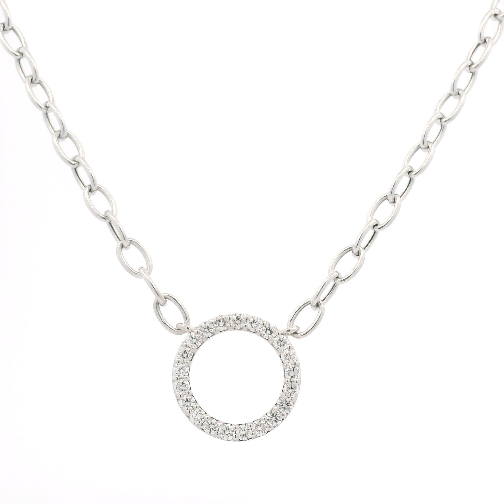 14K White Gold Natural Round Brilliant Cut Diamond Circle Pendant Paperclip Necklace
