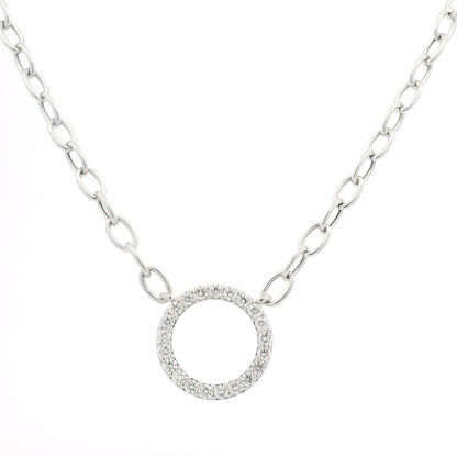 14K White Gold Natural Round Brilliant Cut Diamond Circle Pendant Paperclip Necklace