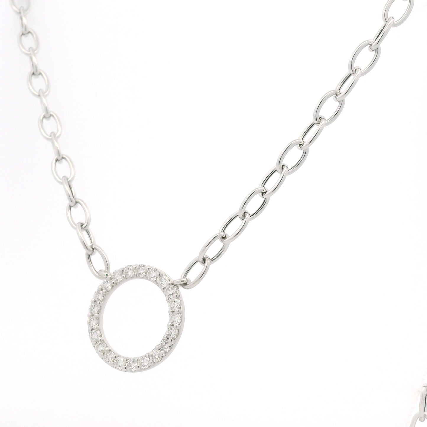 14K White Gold Natural Round Brilliant Cut Diamond Circle Pendant Paperclip Necklace