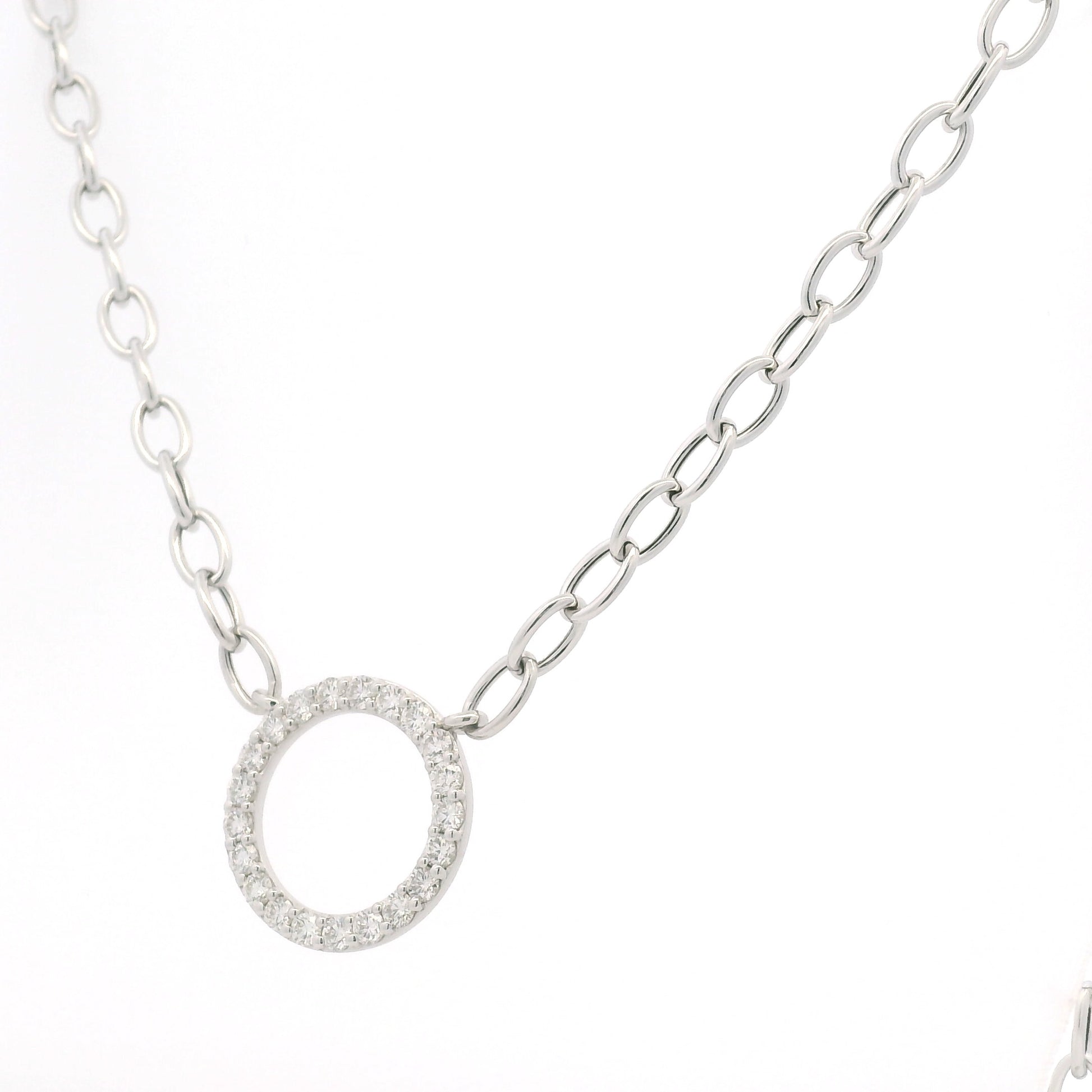14K White Gold Natural Round Brilliant Cut Diamond Circle Pendant Paperclip Necklace