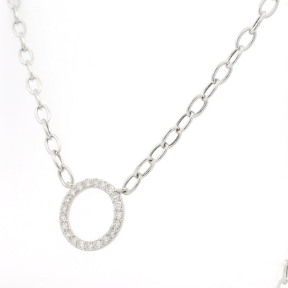 14K White Gold Natural Round Brilliant Cut Diamond Circle Pendant Paperclip Necklace