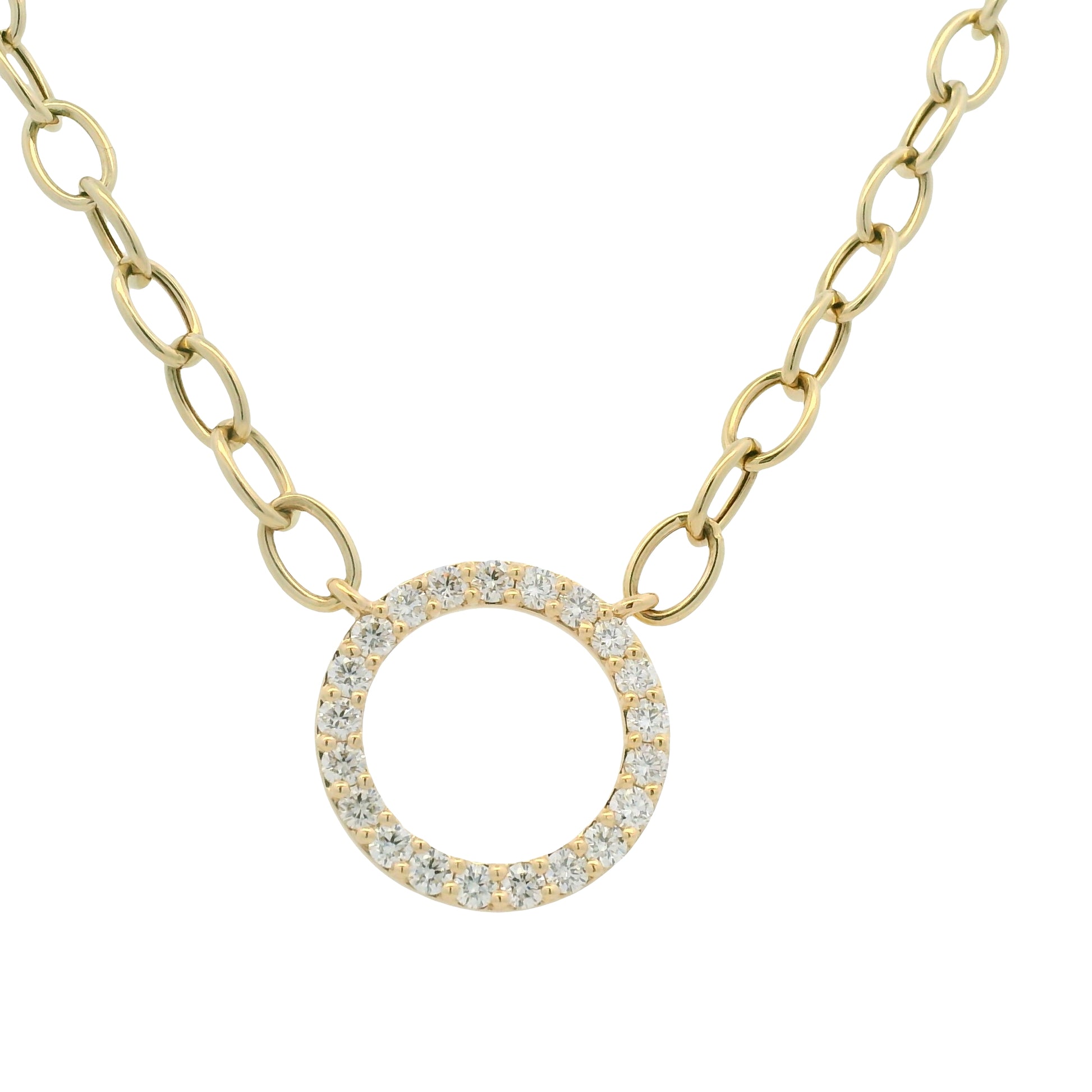 14K Yellow Gold Natural Round Brilliant Cut Diamond Circle Pendant Paperclip Necklace