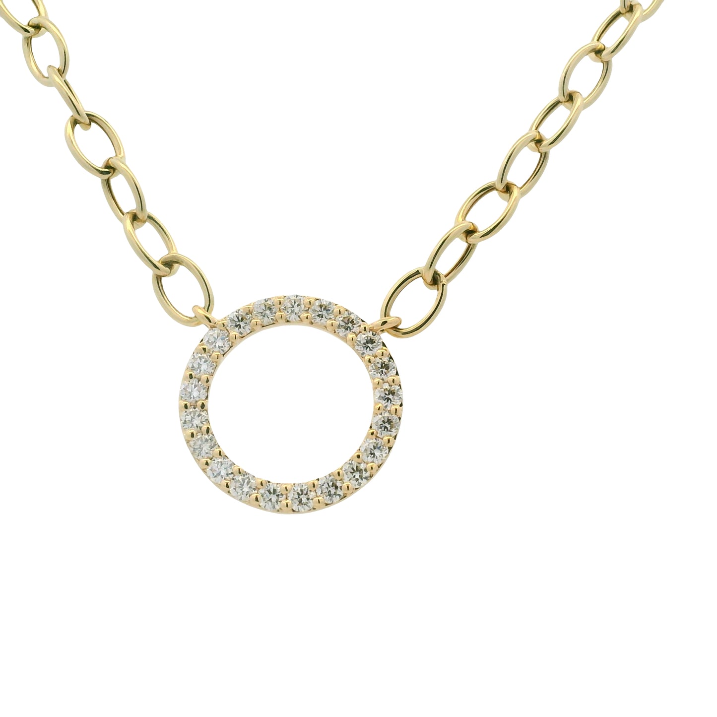 14K Yellow Gold Natural Round Brilliant Cut Diamond Circle Pendant Paperclip Necklace