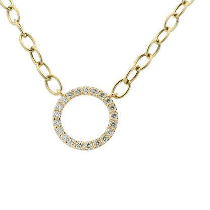 14K Yellow Gold Natural Round Brilliant Cut Diamond Circle Pendant Paperclip Necklace