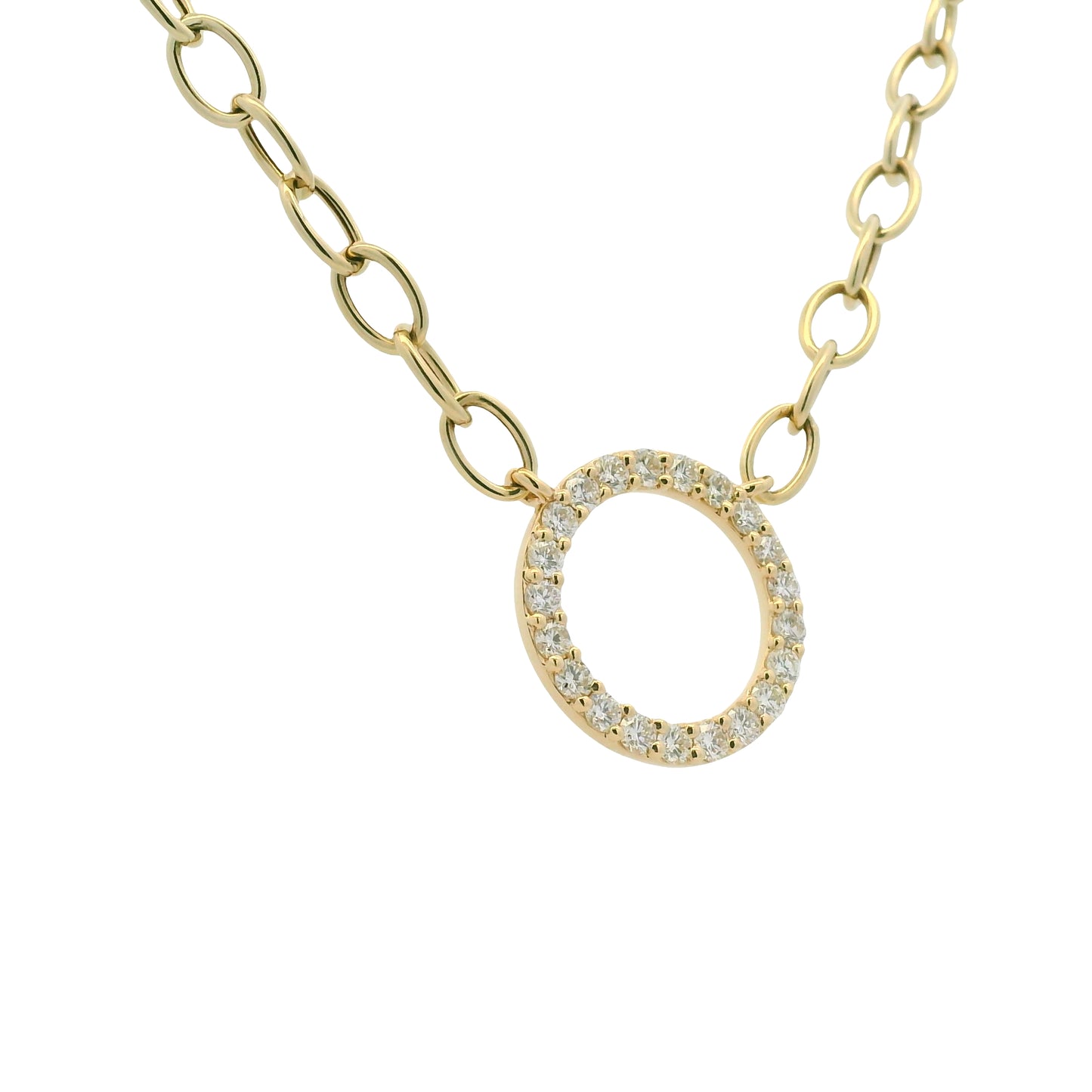 14K Yellow Gold Natural Round Brilliant Cut Diamond Circle Pendant Paperclip Necklace