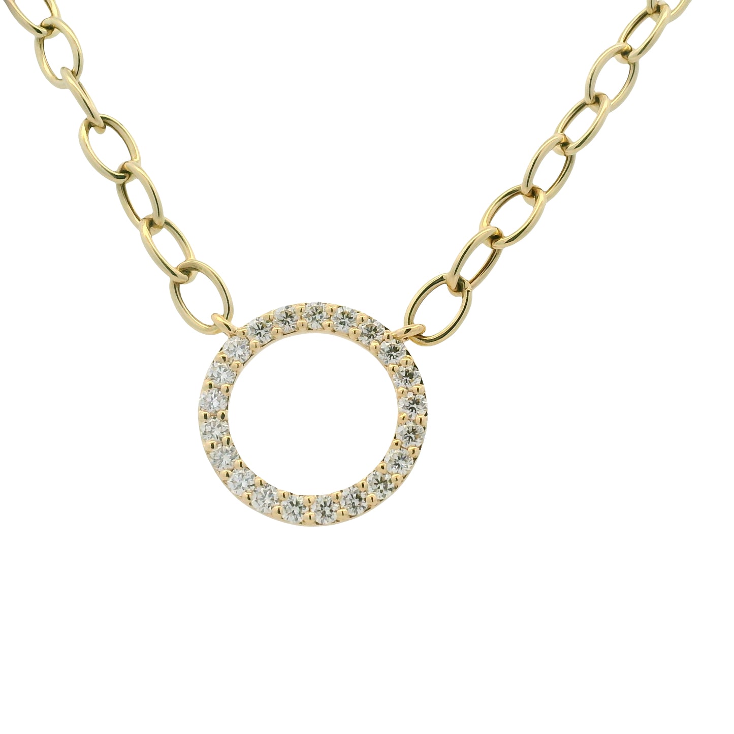 14K Yellow Gold Natural Round Brilliant Cut Diamond Circle Pendant Paperclip Necklace