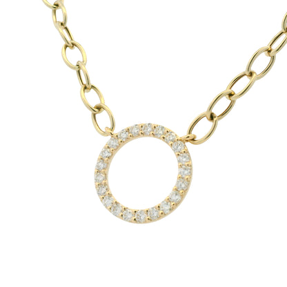 14K Yellow Gold Natural Round Brilliant Cut Diamond Circle Pendant Paperclip Necklace