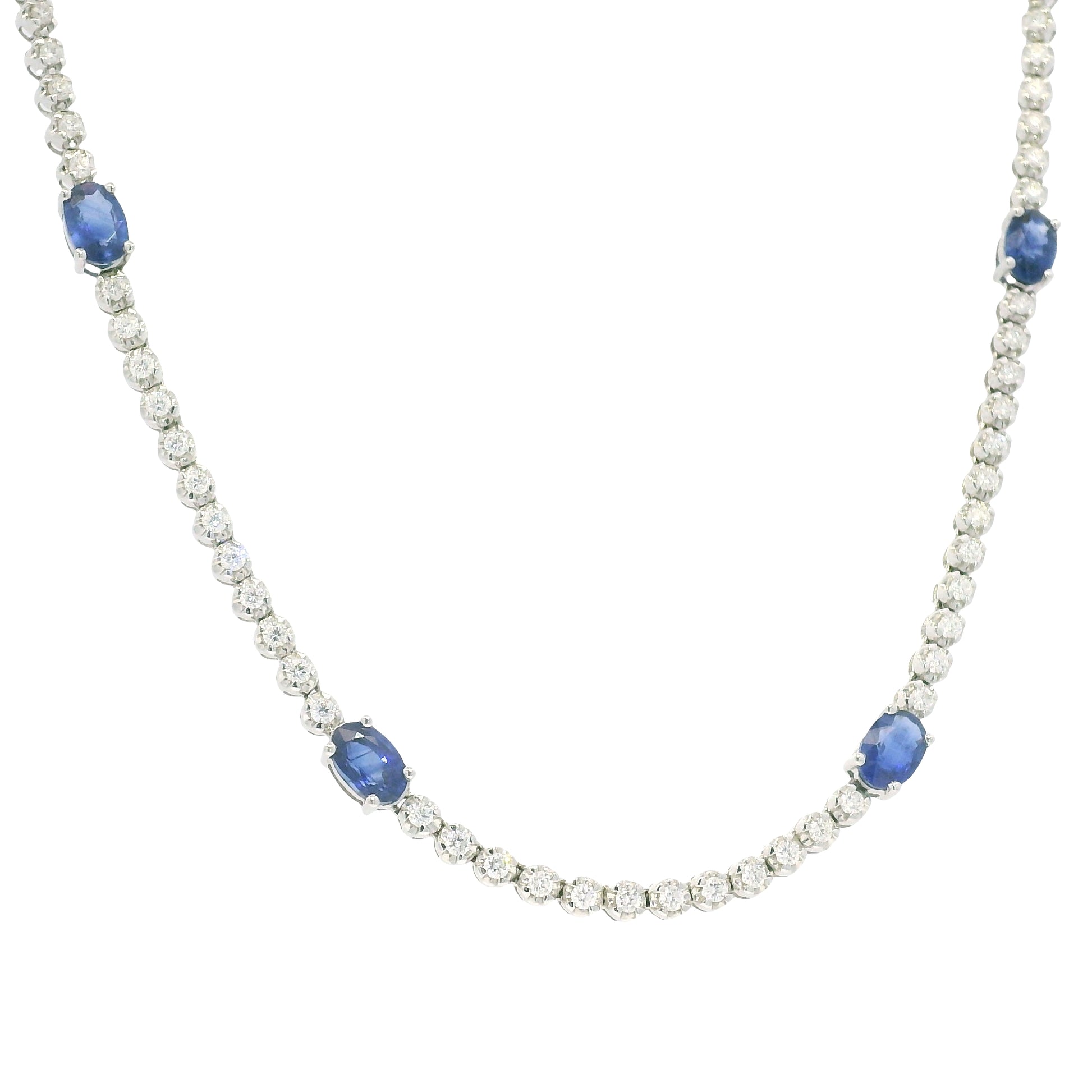 14K White Gold Natural Round Brilliant Cut Diamond & Oval Shape Sapphire Prong Set Tennis Necklace