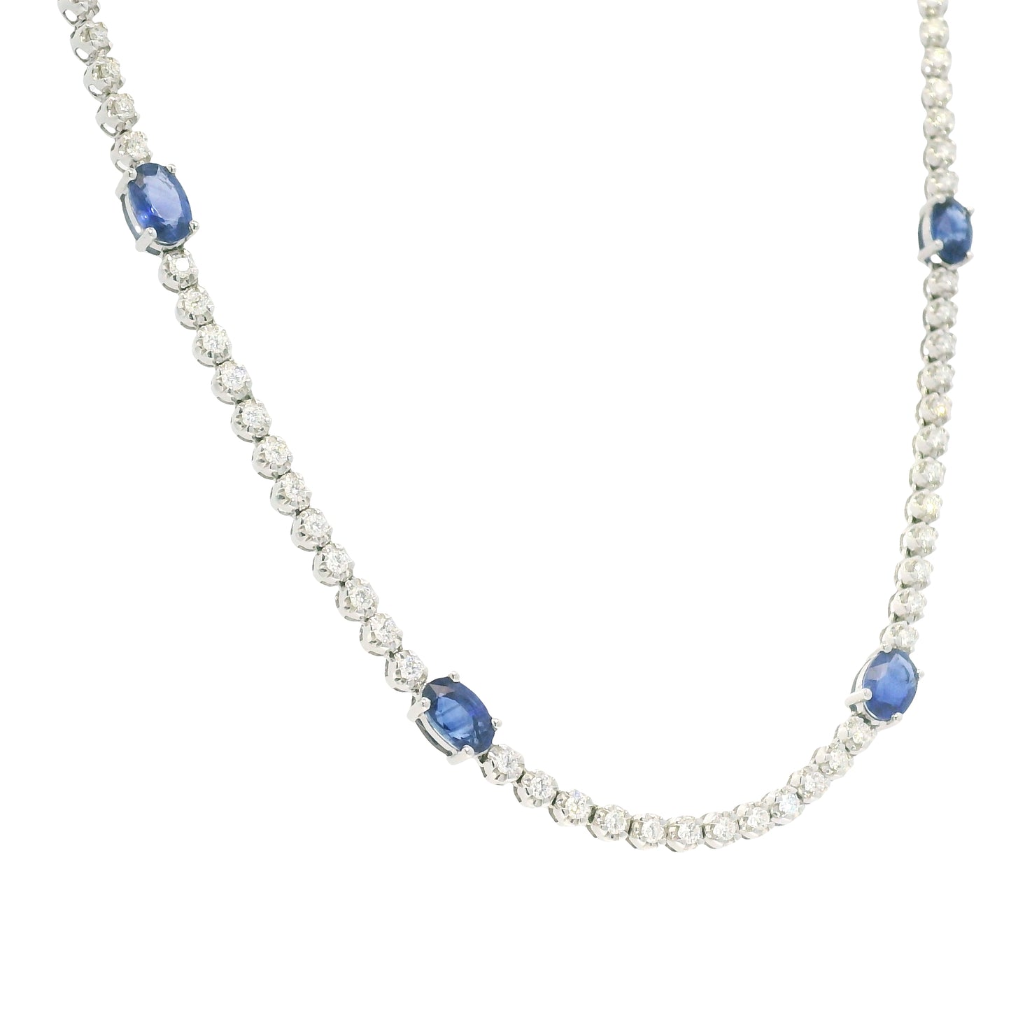 14K White Gold Natural Round Brilliant Cut Diamond & Oval Shape Sapphire Prong Set Tennis Necklace