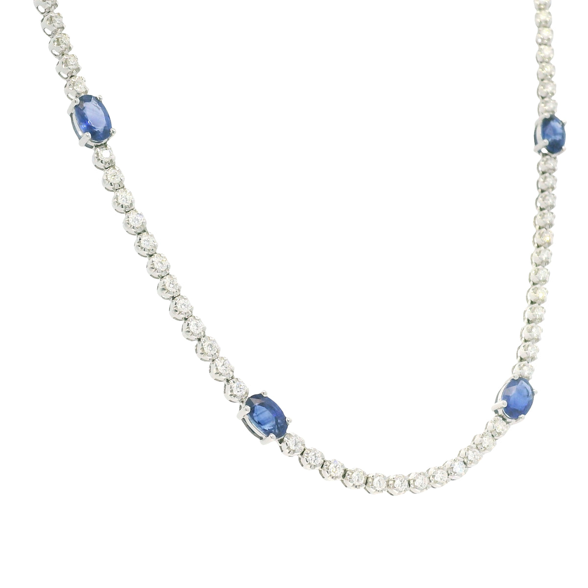 14K White Gold Natural Round Brilliant Cut Diamond & Oval Shape Sapphire Prong Set Tennis Necklace