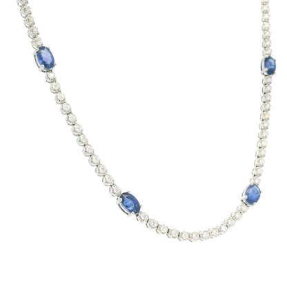 14K White Gold Natural Round Brilliant Cut Diamond & Oval Shape Sapphire Prong Set Tennis Necklace
