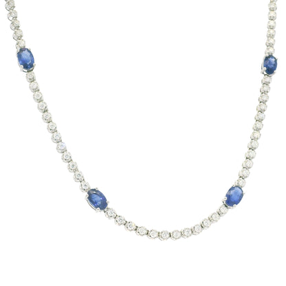 14K White Gold Natural Round Brilliant Cut Diamond & Oval Shape Sapphire Prong Set Tennis Necklace