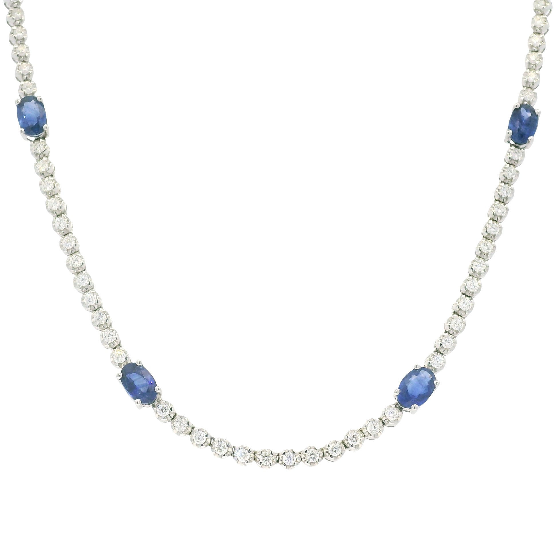 14K White Gold Natural Round Brilliant Cut Diamond & Oval Shape Sapphire Prong Set Tennis Necklace