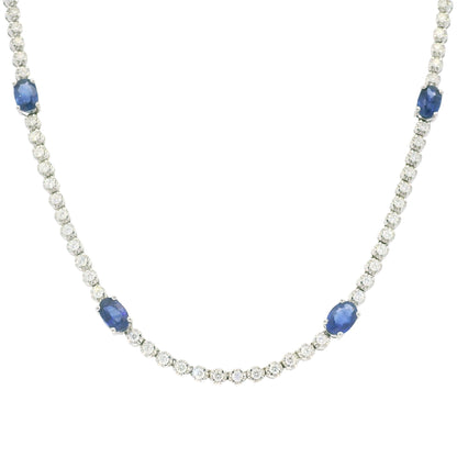 14K White Gold Natural Round Brilliant Cut Diamond & Oval Shape Sapphire Prong Set Tennis Necklace