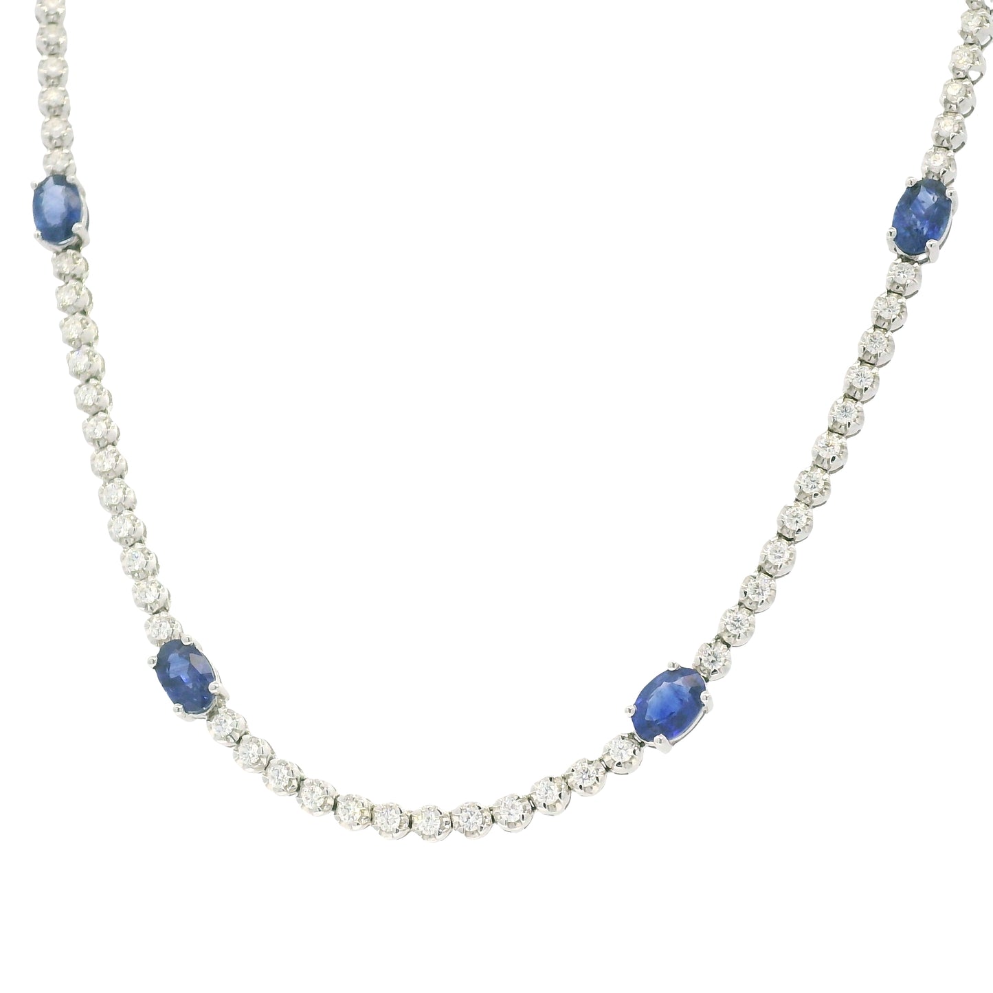 14K White Gold Natural Round Brilliant Cut Diamond & Oval Shape Sapphire Prong Set Tennis Necklace