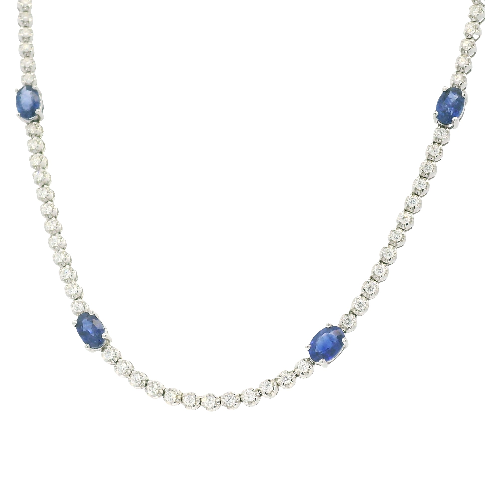 14K White Gold Natural Round Brilliant Cut Diamond & Oval Shape Sapphire Prong Set Tennis Necklace