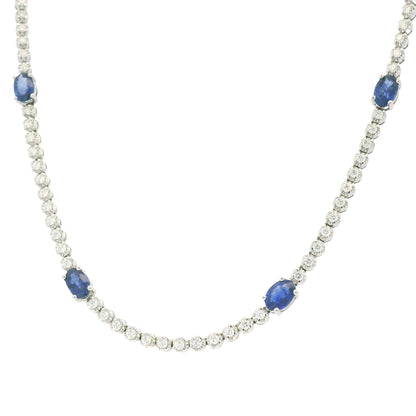 14K White Gold Natural Round Brilliant Cut Diamond & Oval Shape Sapphire Prong Set Tennis Necklace