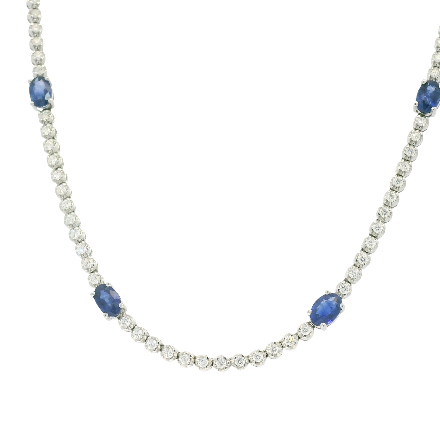 14K White Gold Natural Round Brilliant Cut Diamond & Oval Shape Sapphire Prong Set Tennis Necklace