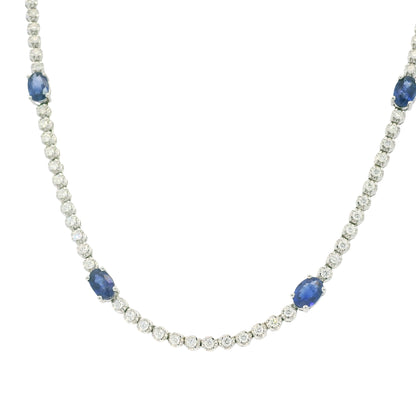 14K White Gold Natural Round Brilliant Cut Diamond & Oval Shape Sapphire Prong Set Tennis Necklace