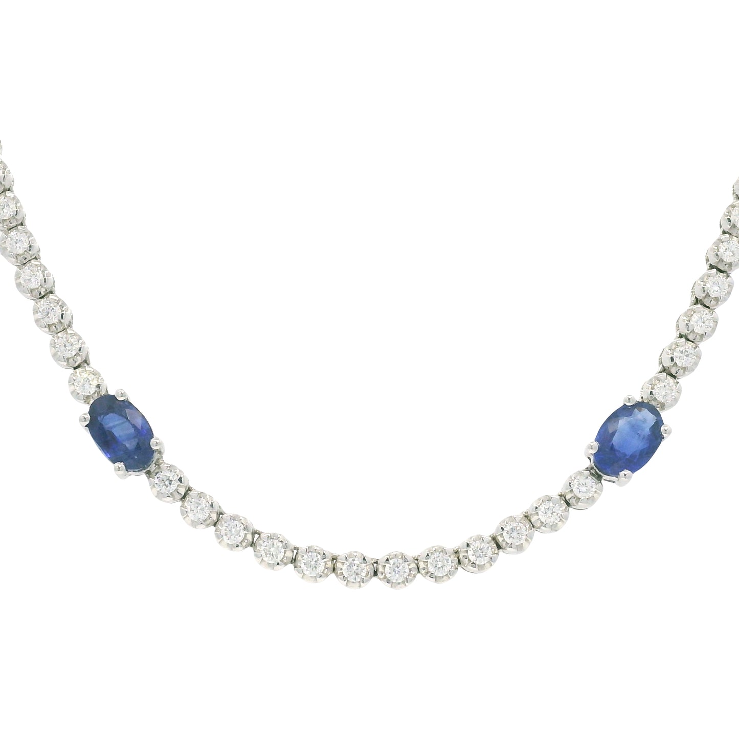 14K White Gold Natural Round Brilliant Cut Diamond & Oval Shape Sapphire Prong Set Tennis Necklace