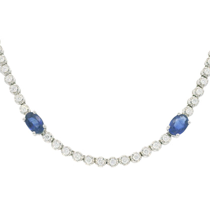 14K White Gold Natural Round Brilliant Cut Diamond & Oval Shape Sapphire Prong Set Tennis Necklace