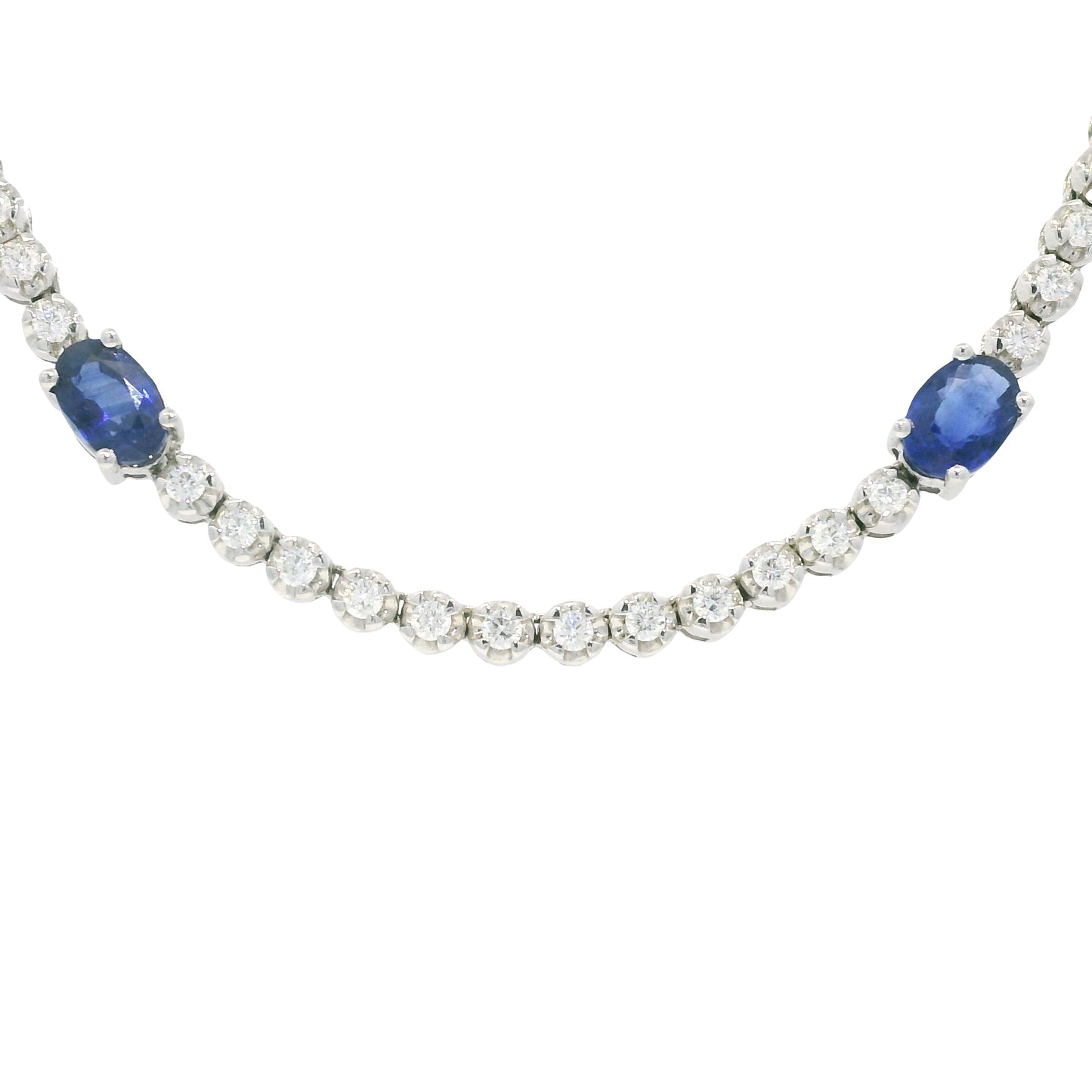 14K White Gold Natural Round Brilliant Cut Diamond & Oval Shape Sapphire Prong Set Tennis Necklace