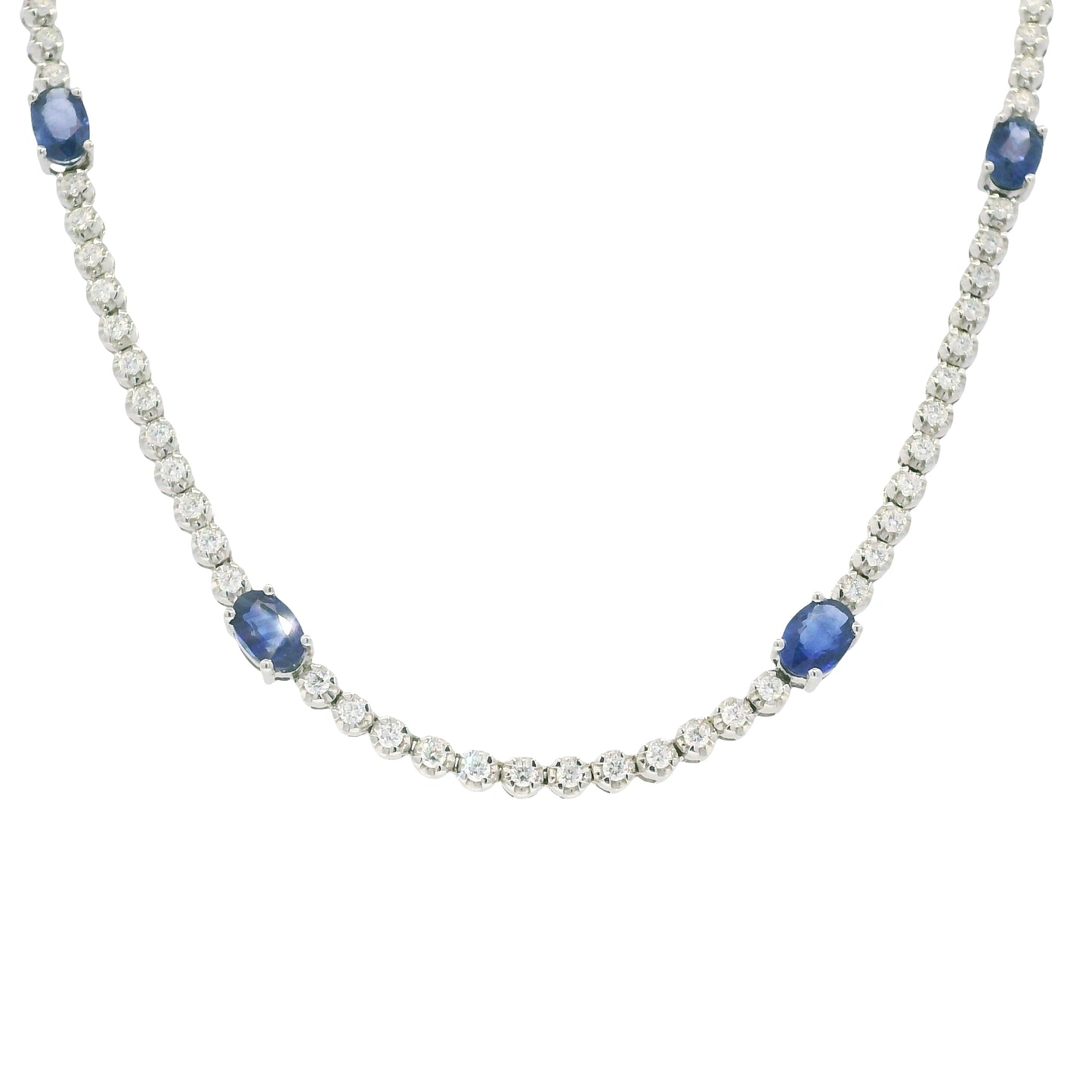 14K White Gold Natural Round Brilliant Cut Diamond & Oval Shape Sapphire Prong Set Tennis Necklace