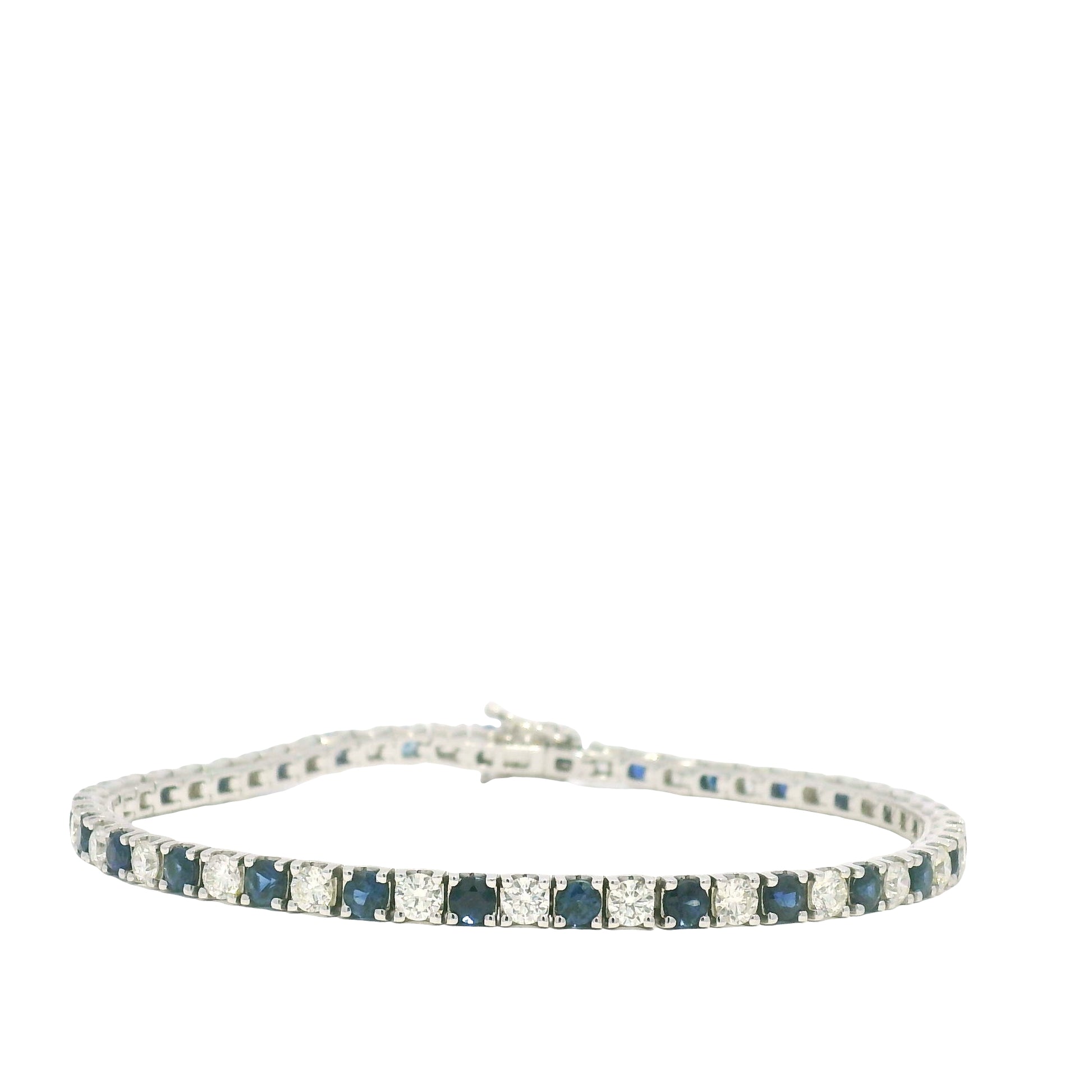 14k White Gold Natural Round Brilliant Cut Diamond & Sapphire Tennis Bracelet
