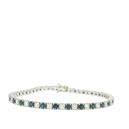 14k White Gold Natural Round Brilliant Cut Diamond & Sapphire Tennis Bracelet