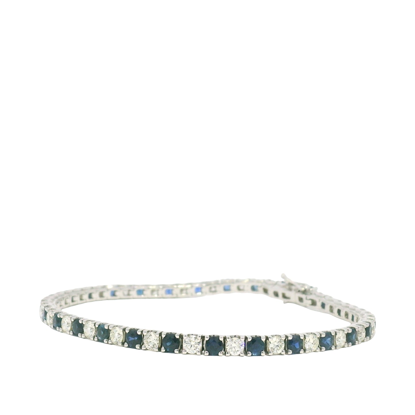 14k White Gold Natural Round Brilliant Cut Diamond & Sapphire Tennis Bracelet