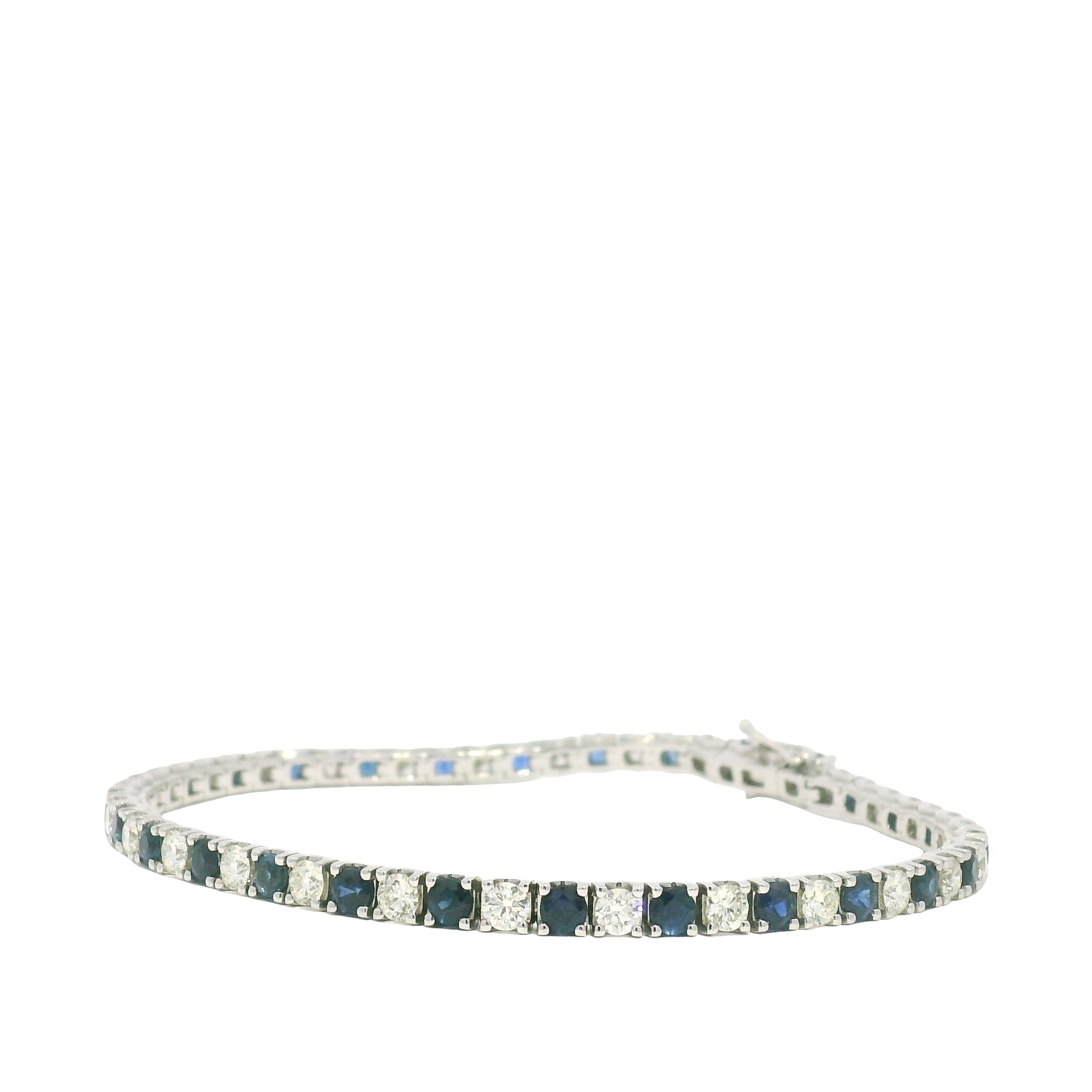 14k White Gold Natural Round Brilliant Cut Diamond & Sapphire Tennis Bracelet