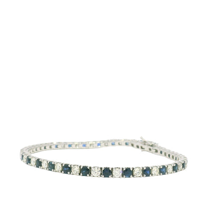14k White Gold Natural Round Brilliant Cut Diamond & Sapphire Tennis Bracelet