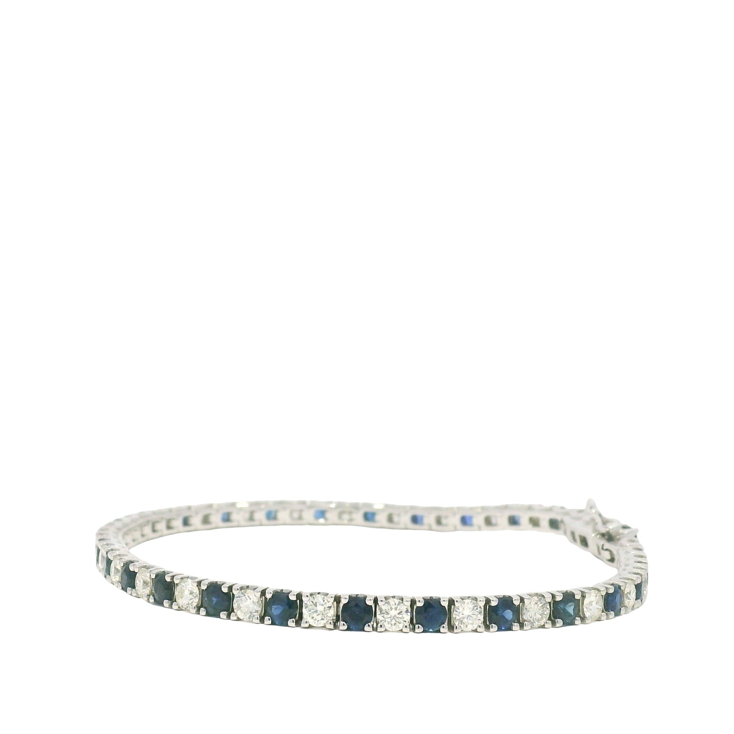 14k White Gold Natural Round Brilliant Cut Diamond & Sapphire Tennis Bracelet
