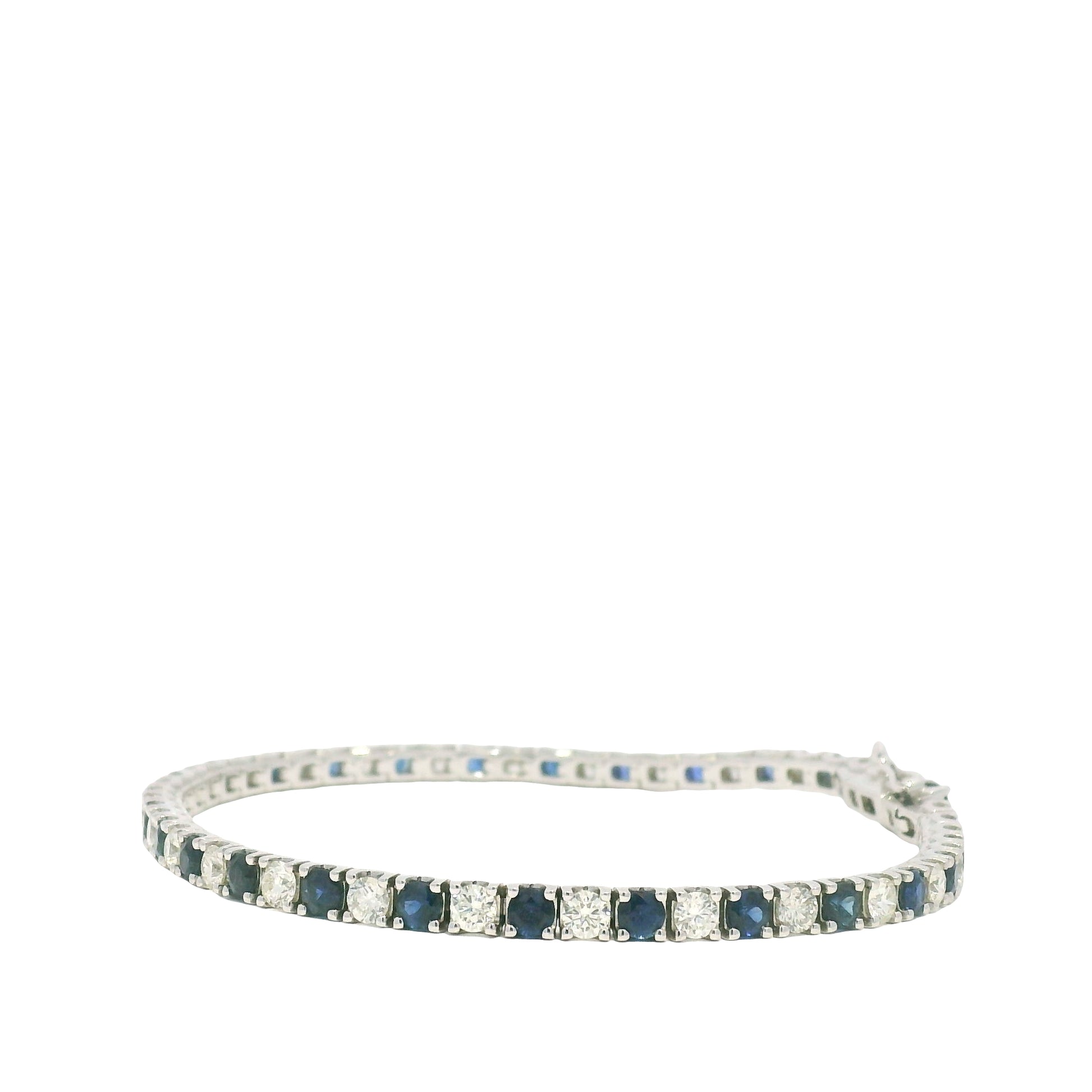 14k White Gold Natural Round Brilliant Cut Diamond & Sapphire Tennis Bracelet
