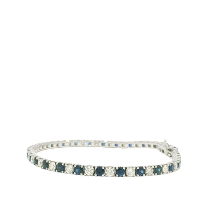 14k White Gold Natural Round Brilliant Cut Diamond & Sapphire Tennis Bracelet