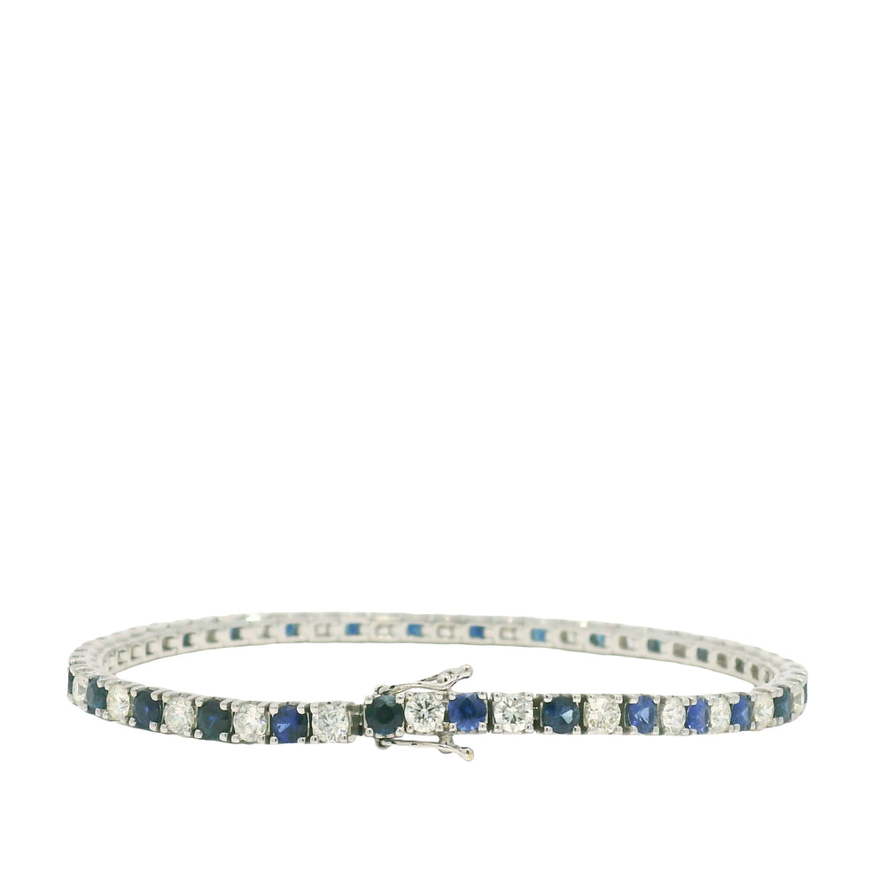 14k White Gold Natural Round Brilliant Cut Diamond & Sapphire Tennis Bracelet