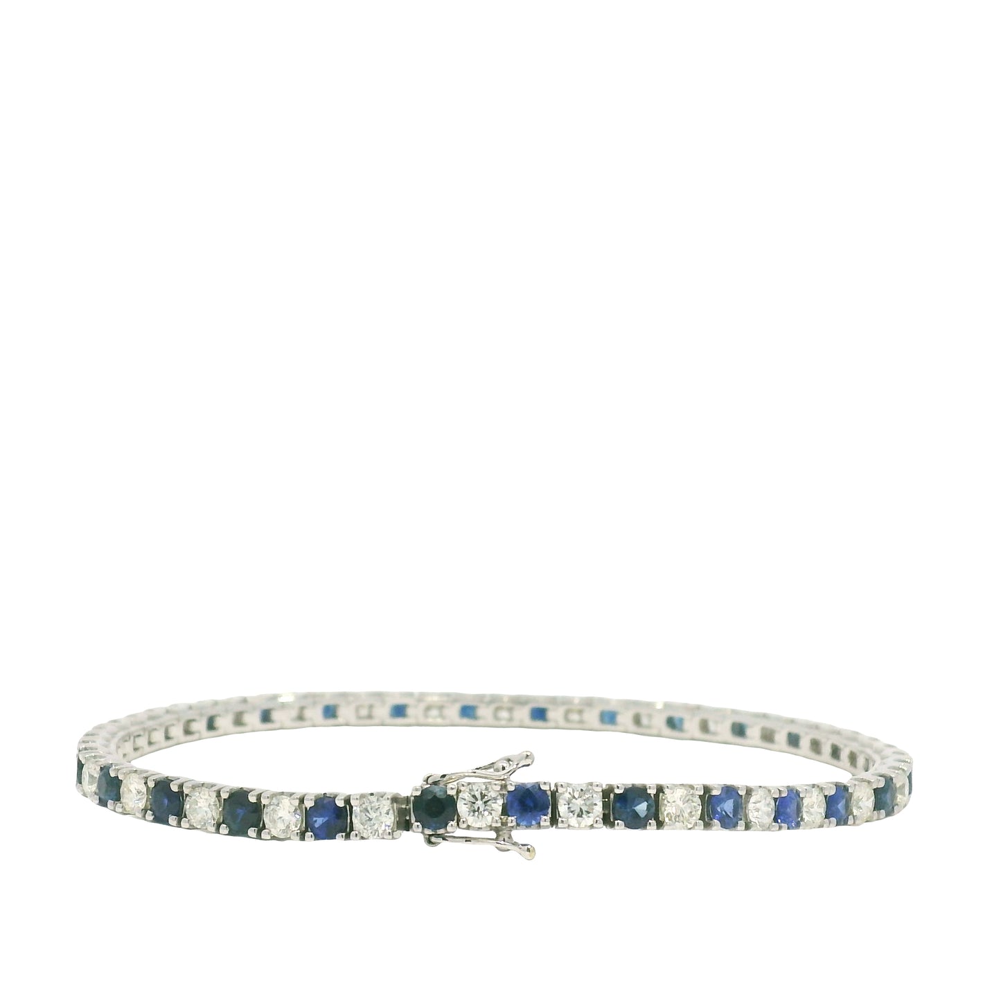 14k White Gold Natural Round Brilliant Cut Diamond & Sapphire Tennis Bracelet