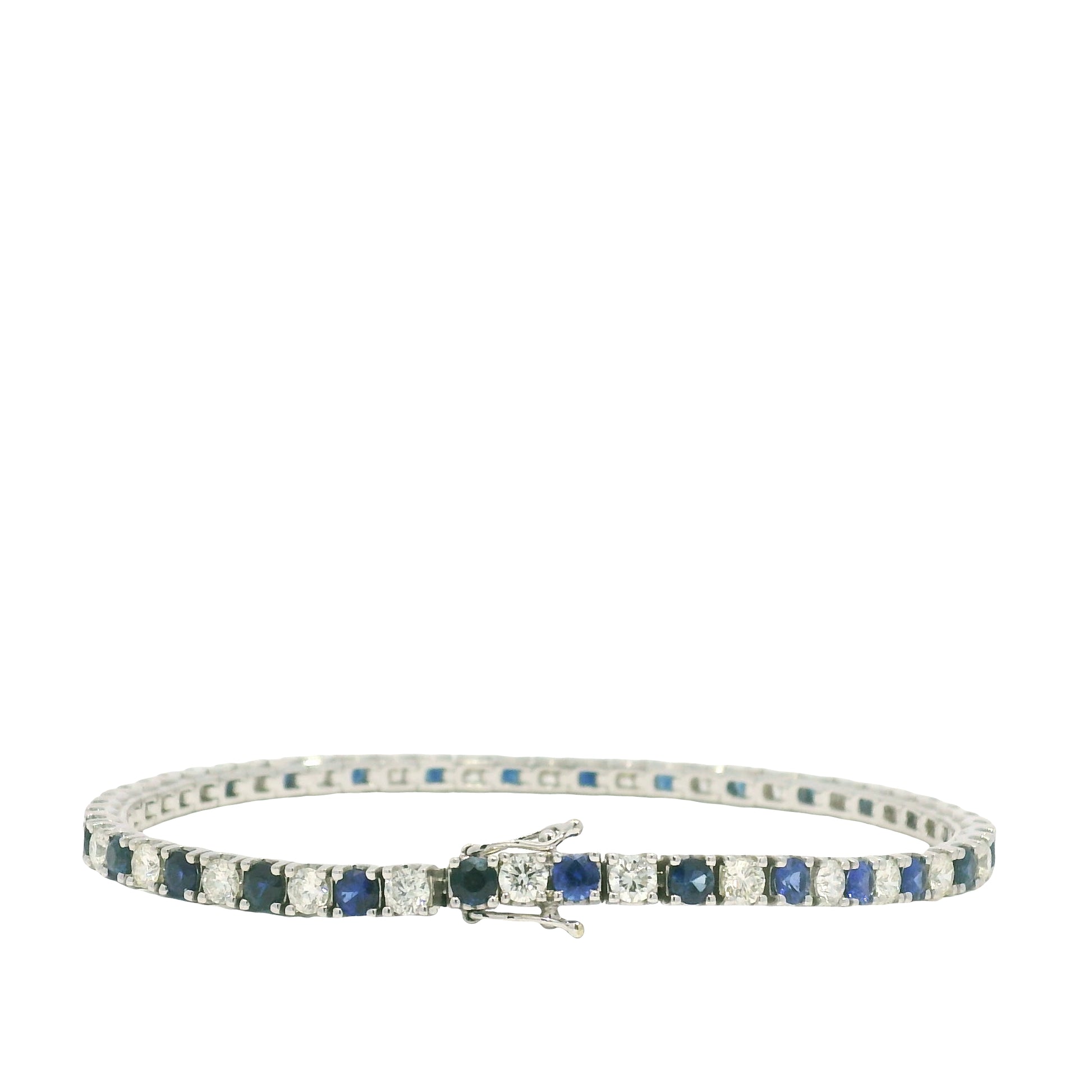 14k White Gold Natural Round Brilliant Cut Diamond & Sapphire Tennis Bracelet