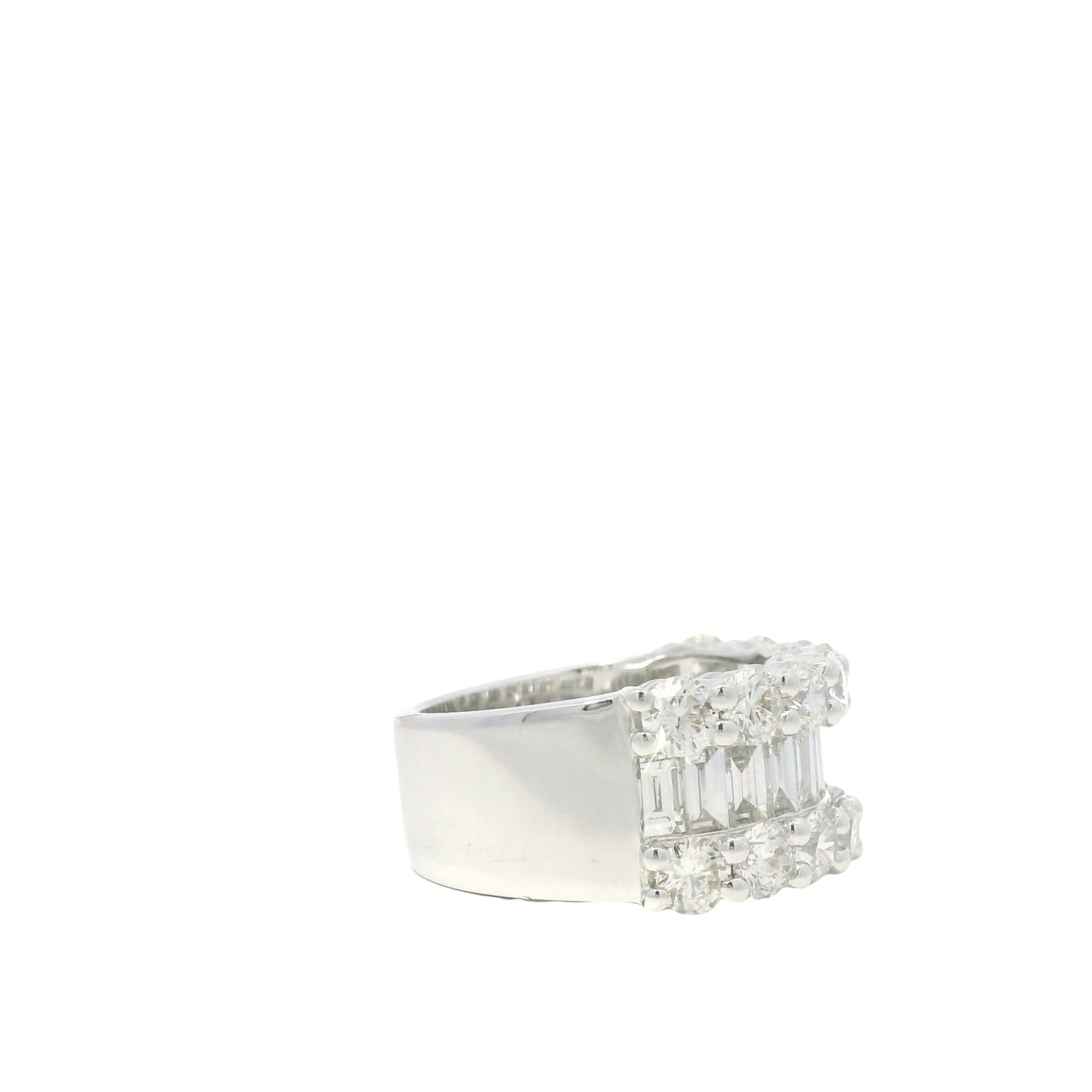 18K White Gold Natural Round Brilliant & Baguette Cut Diamonds 3 Row Half-Way Ring