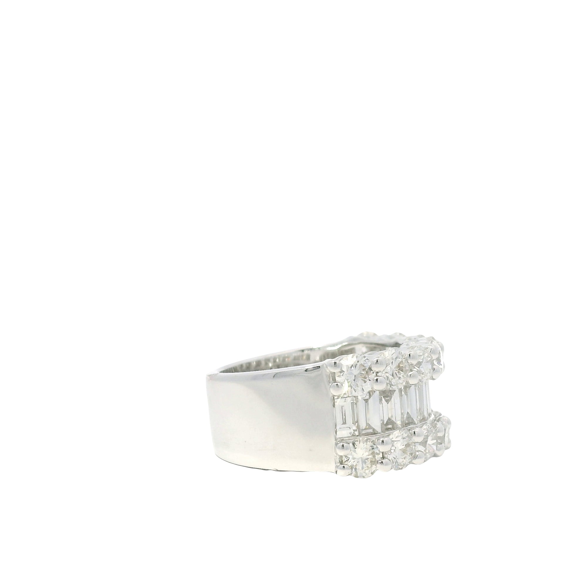 18K White Gold Natural Round Brilliant & Baguette Cut Diamonds 3 Row Half-Way Ring