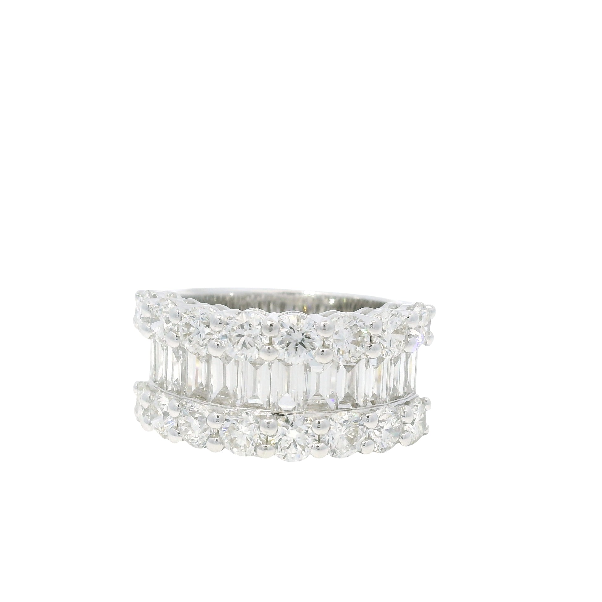 18K White Gold Natural Round Brilliant & Baguette Cut Diamonds 3 Row Half-Way Ring