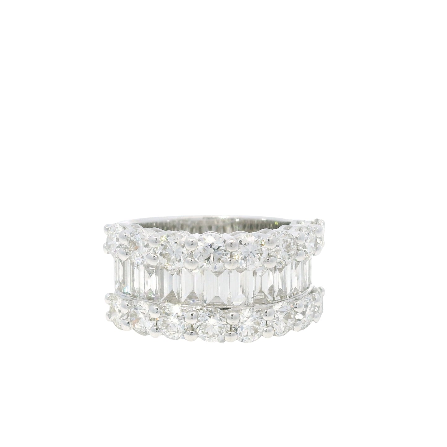 18K White Gold Natural Round Brilliant & Baguette Cut Diamonds 3 Row Half-Way Ring