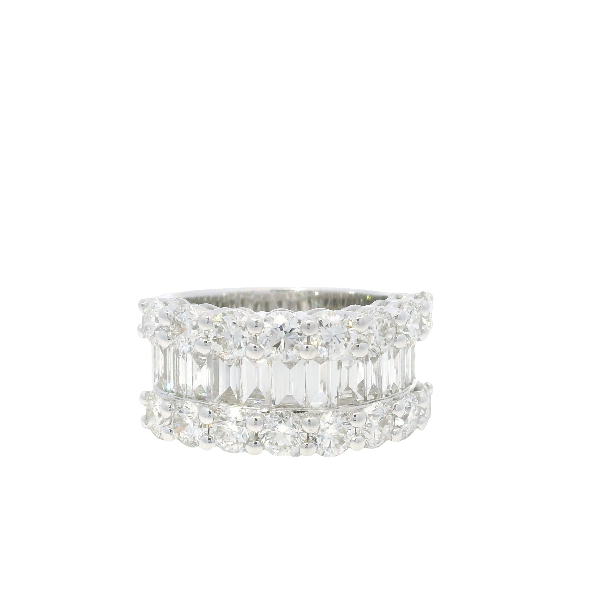18K White Gold Natural Round Brilliant & Baguette Cut Diamonds 3 Row Half-Way Ring
