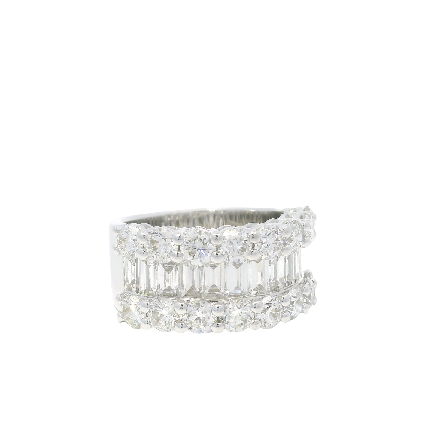 18K White Gold Natural Round Brilliant & Baguette Cut Diamonds 3 Row Half-Way Ring
