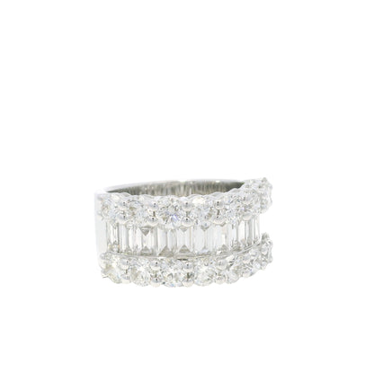18K White Gold Natural Round Brilliant & Baguette Cut Diamonds 3 Row Half-Way Ring