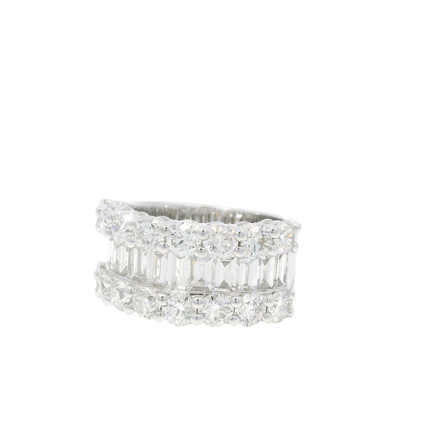 18K White Gold Natural Round Brilliant & Baguette Cut Diamonds 3 Row Half-Way Ring